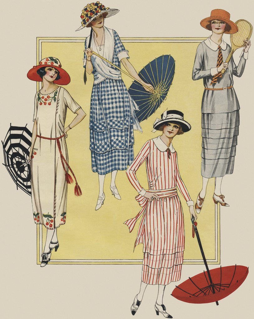 Detail of Women with parasols and tennis racket by Corbis