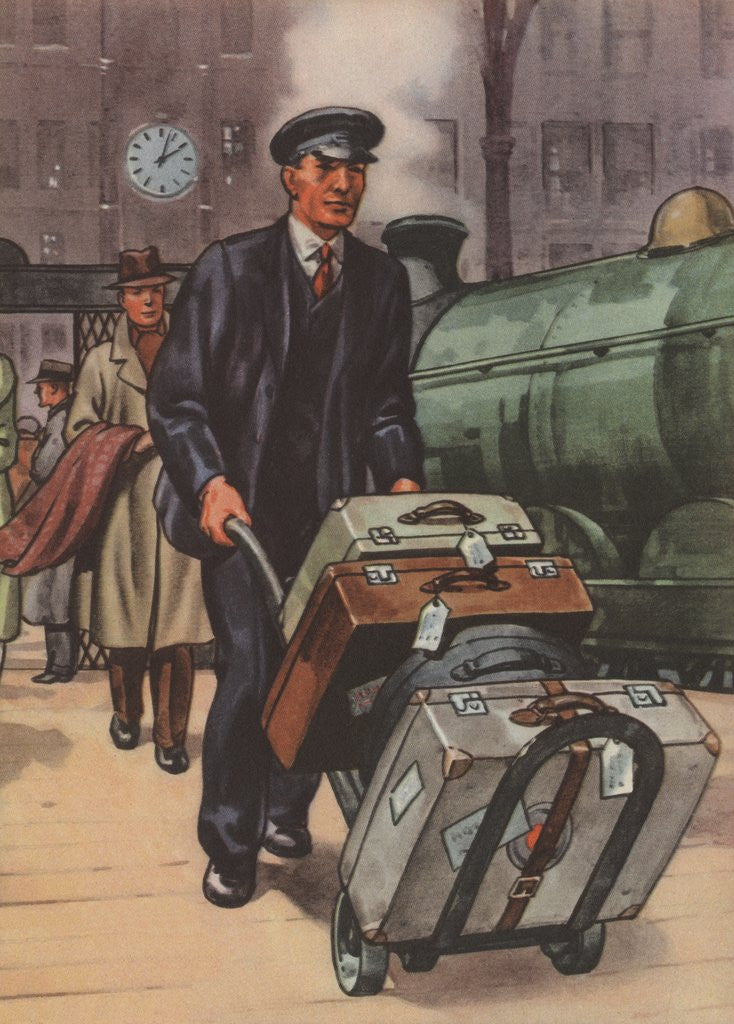 Detail of Porter with suitcases at train station by Anonymous
