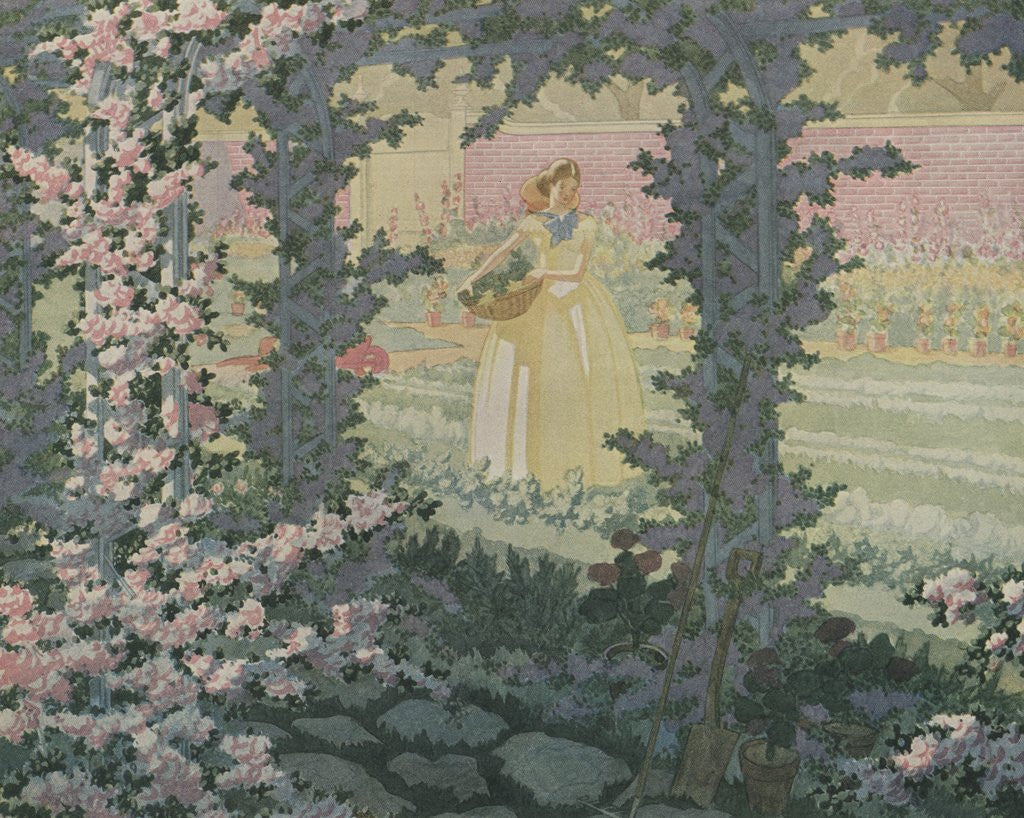 Detail of Woman in dress and hat picking flowers by Corbis