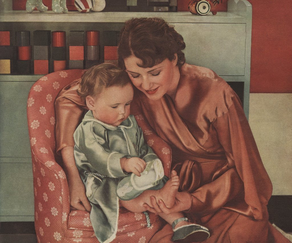Detail of Mother helping baby put on shoes by Anonymous