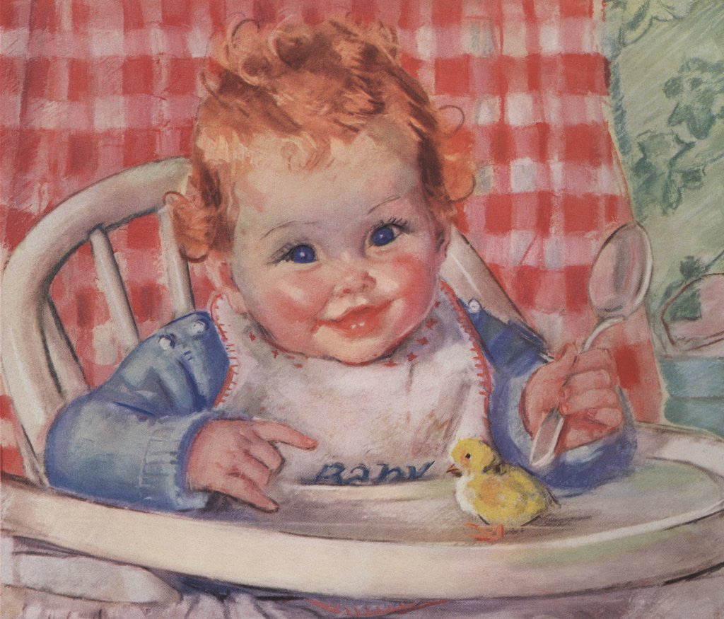 Detail of Baby in high chair with chick by Anonymous