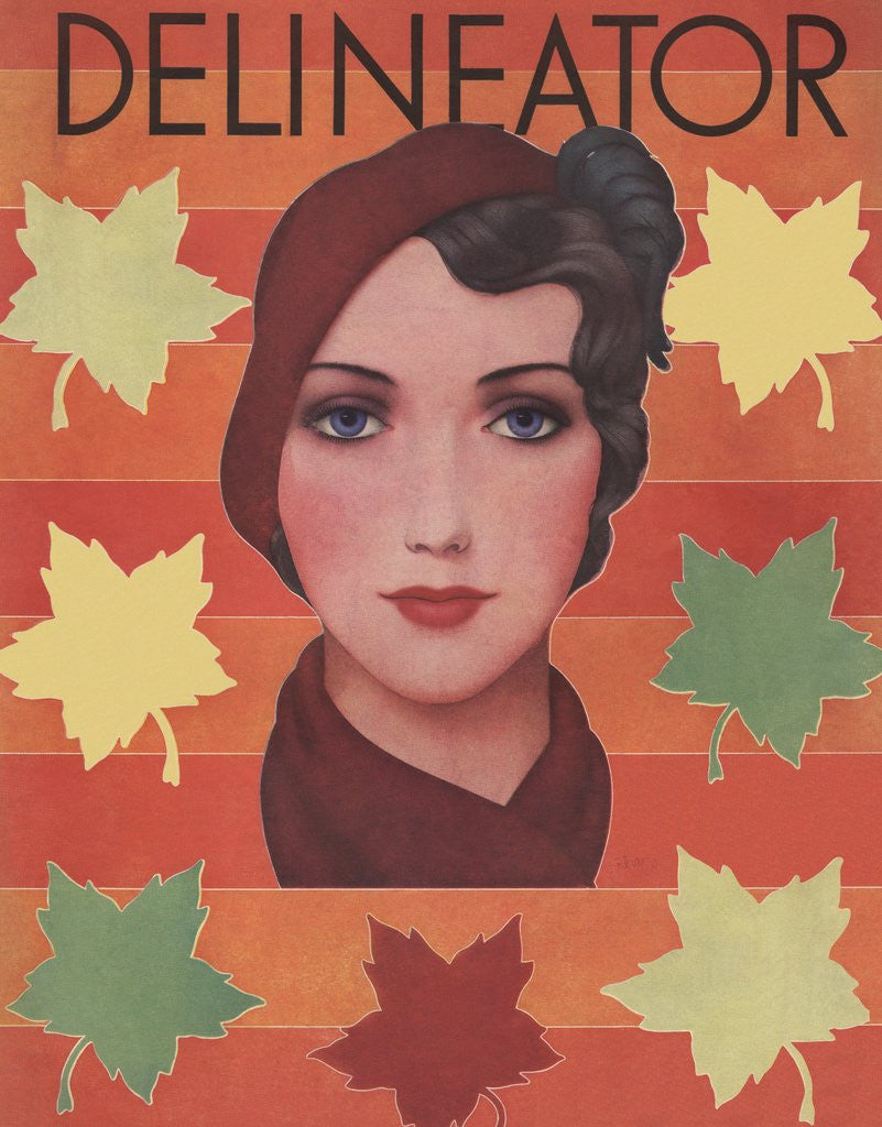 Detail of Woman surrounded by fall leaves by Anonymous