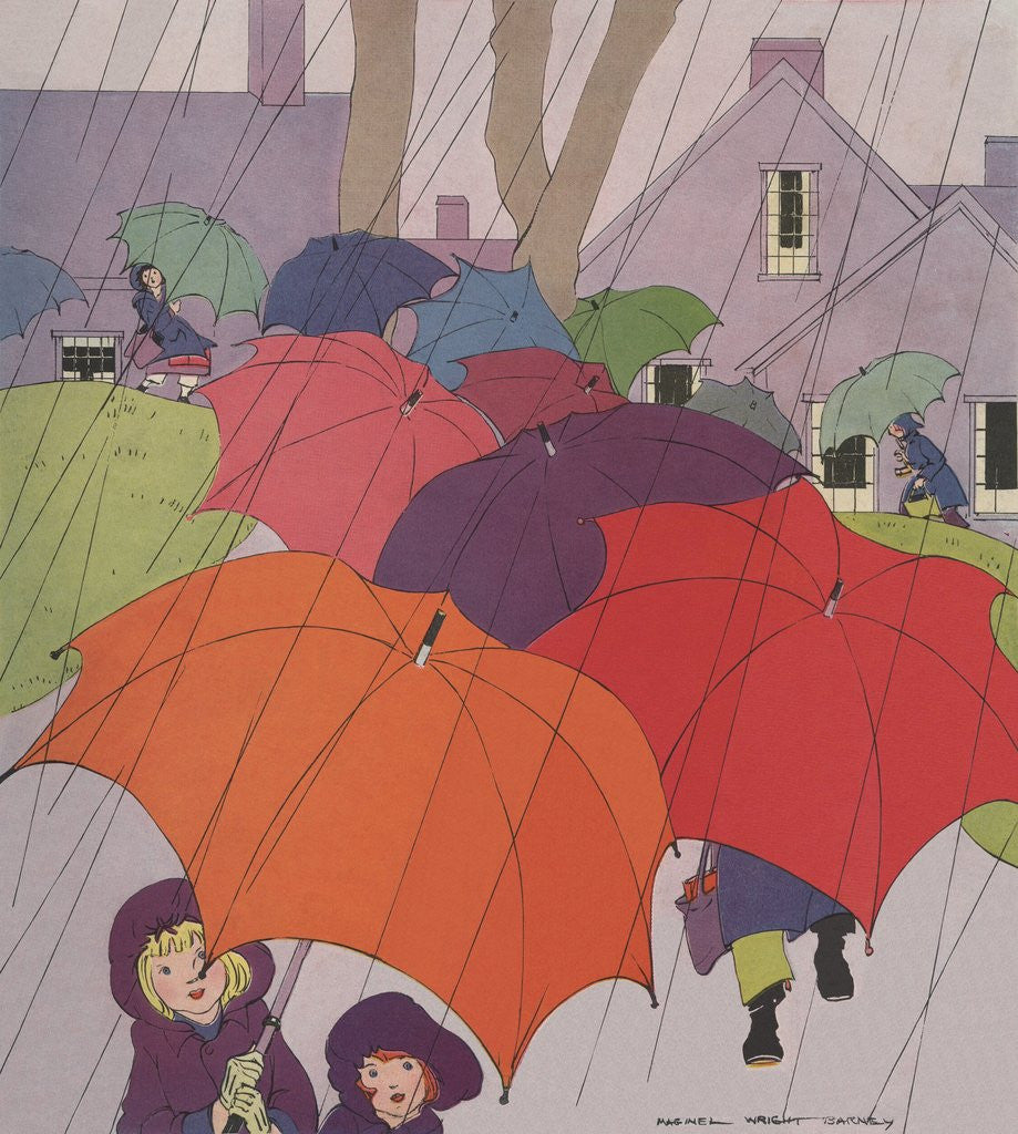 Detail of Children in rain with umbrellas, by Anonymous