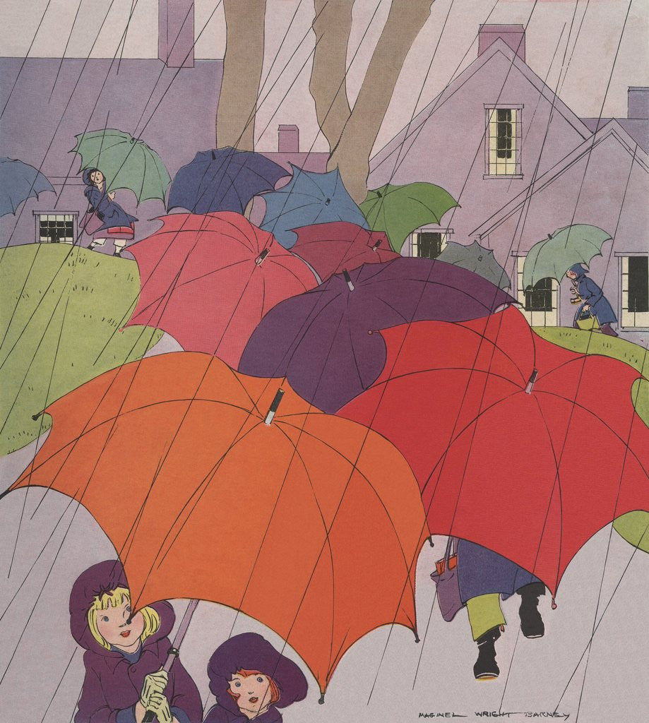 Detail of Children in rain with umbrellas, by Corbis