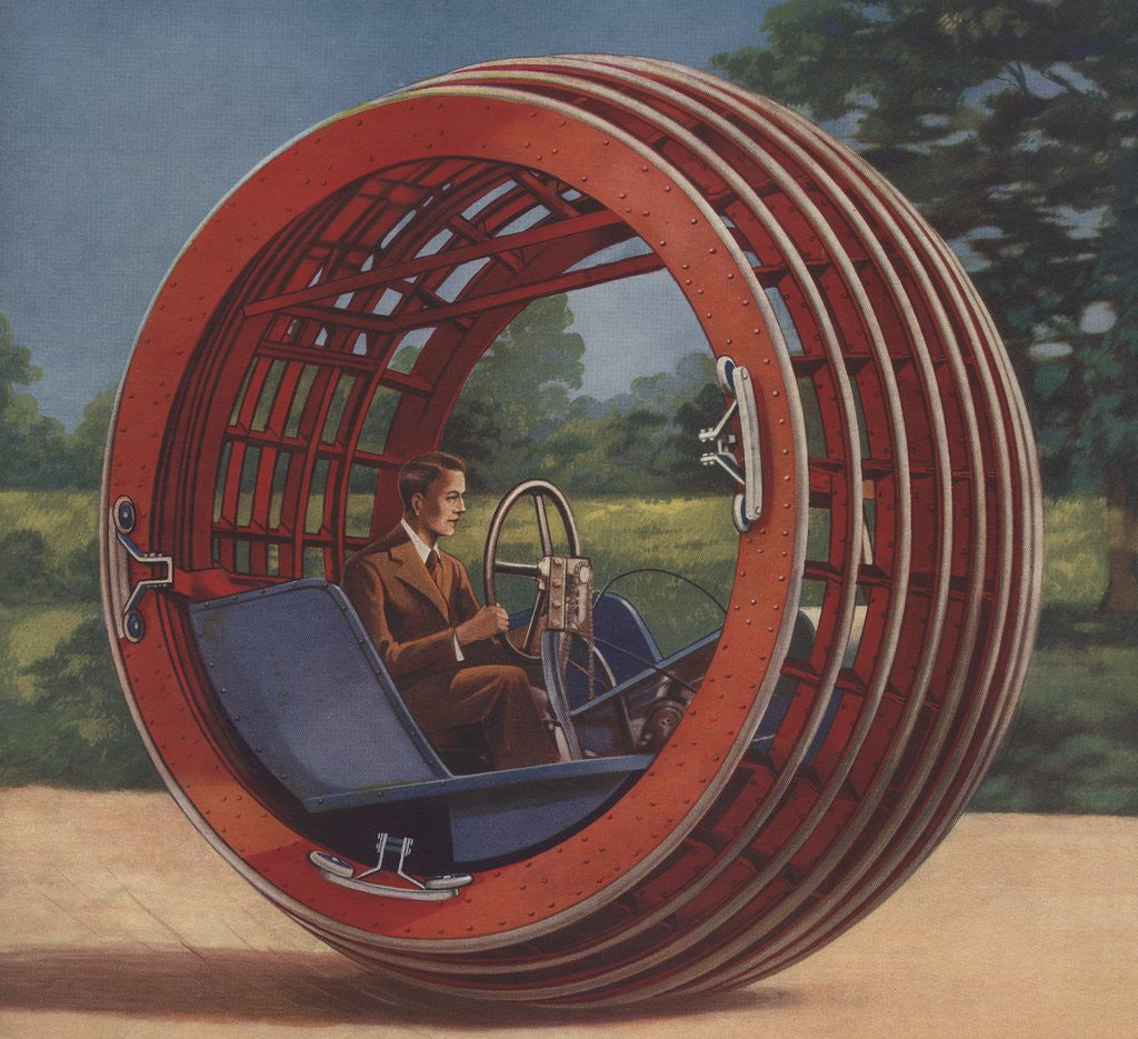 Detail of Man in futuristic round car by Anonymous