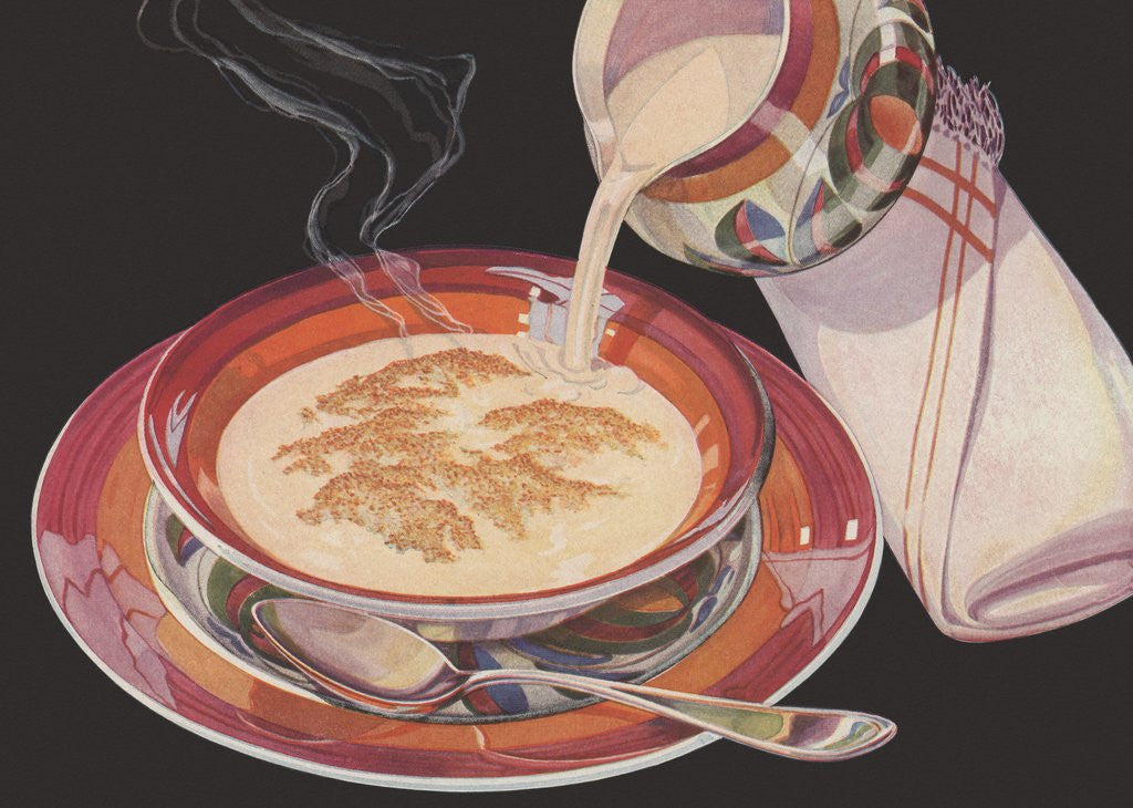 Detail of Cream poured over hot cereal by Anonymous