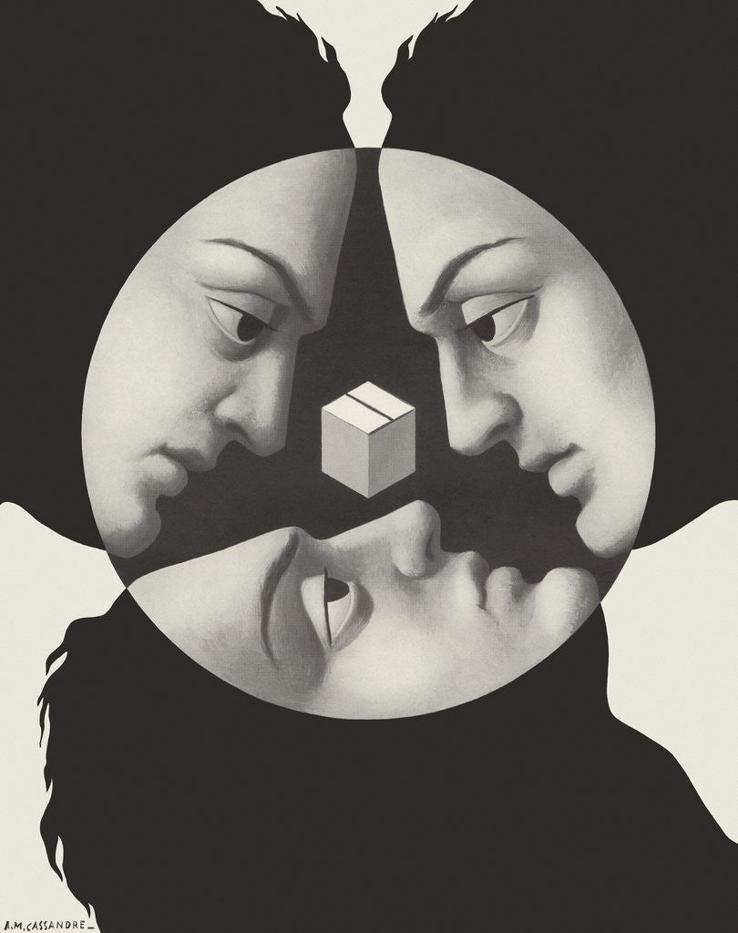 Detail of Three faces staring at cube by Anonymous