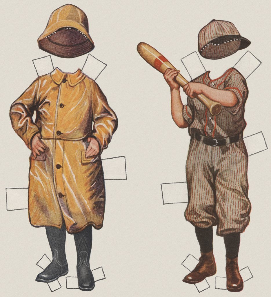 Detail of Paper doll boy with baseball uniform and rain slicker by Anonymous