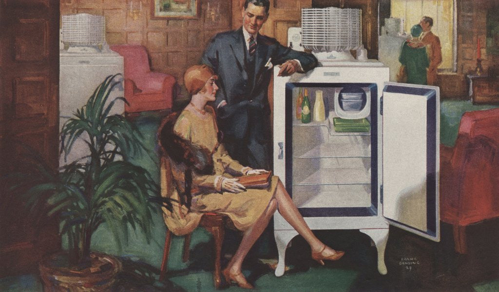 Detail of Husband and wife looking at refrigerator by Corbis