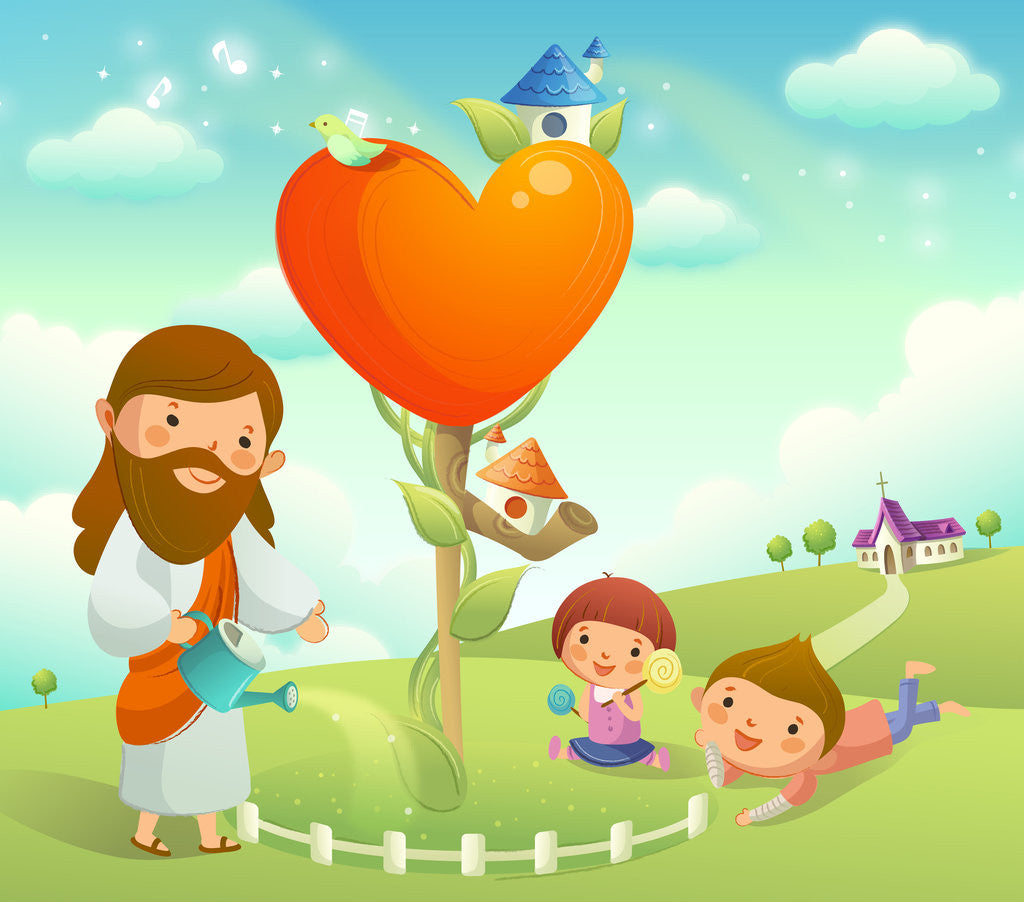 Detail of Figure of Jesus Christ watering a plant and two children playing on the grass by Anonymous