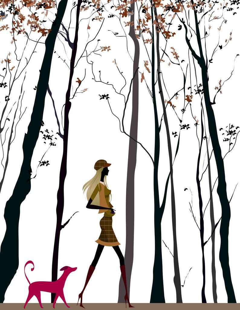Detail of Side profile of a woman walking with her dog by Anonymous