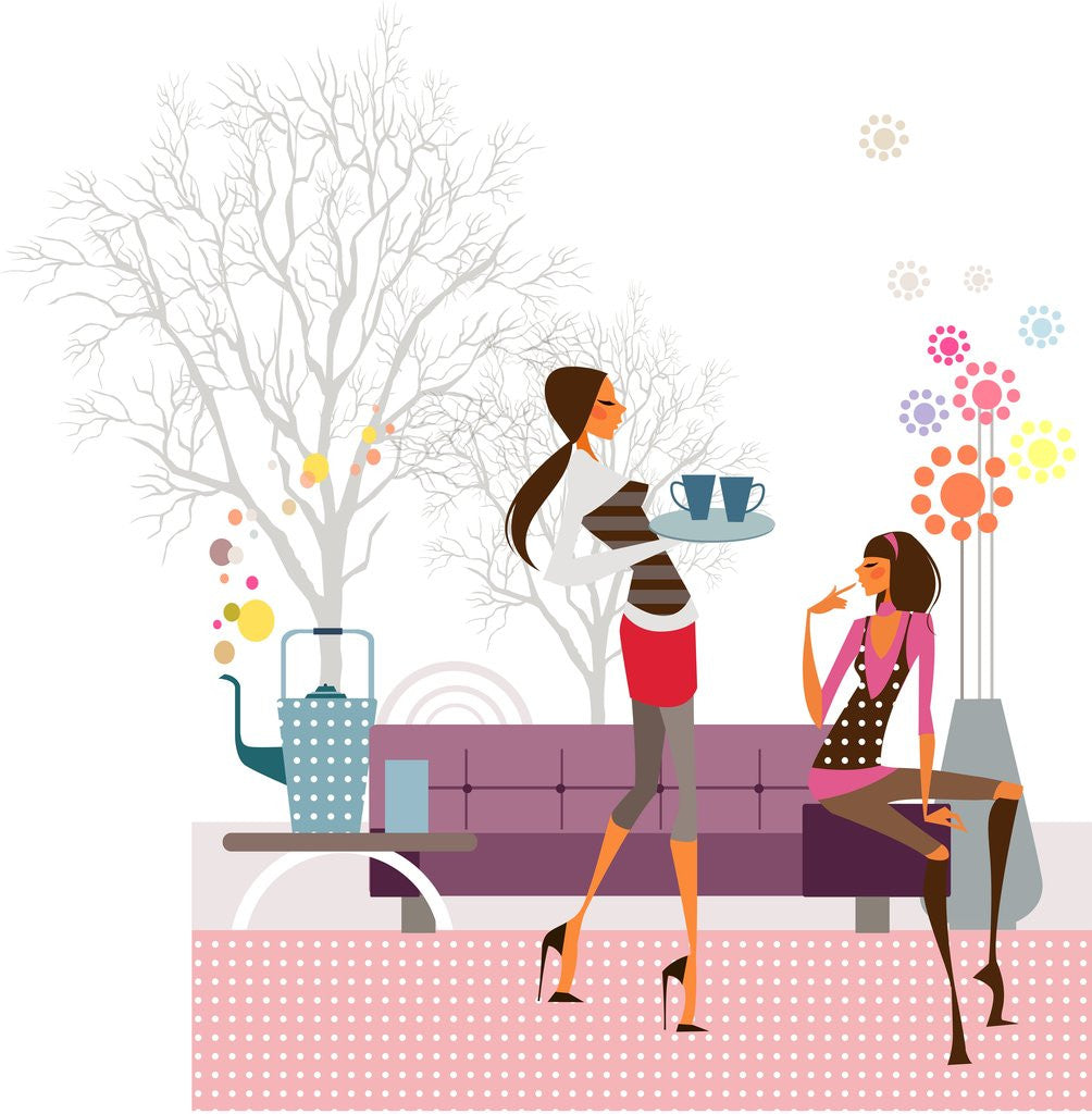 Detail of Side profile of a woman holding a tray and another woman sitting beside her by Anonymous