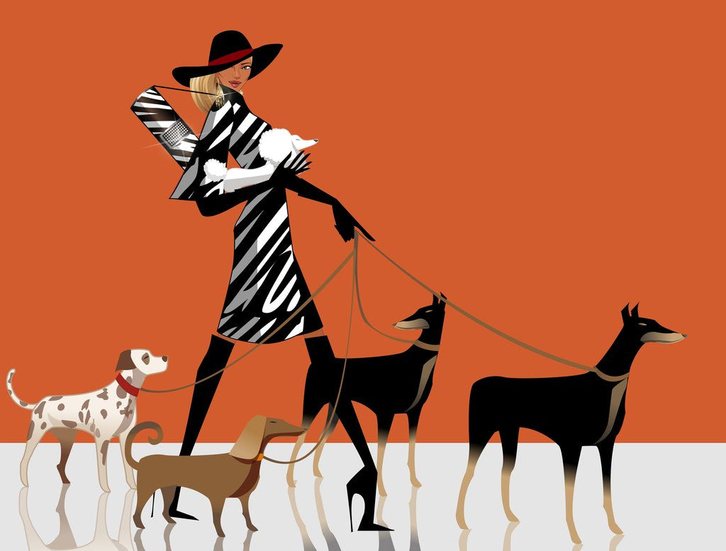 Detail of Side profile of a woman walking with her dogs by Corbis