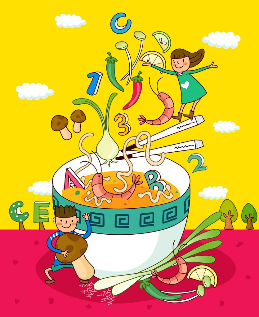 Detail of Girl pouring vegetables into a bowl of vegetable soup with a boy holding an edible mushroom by Anonymous