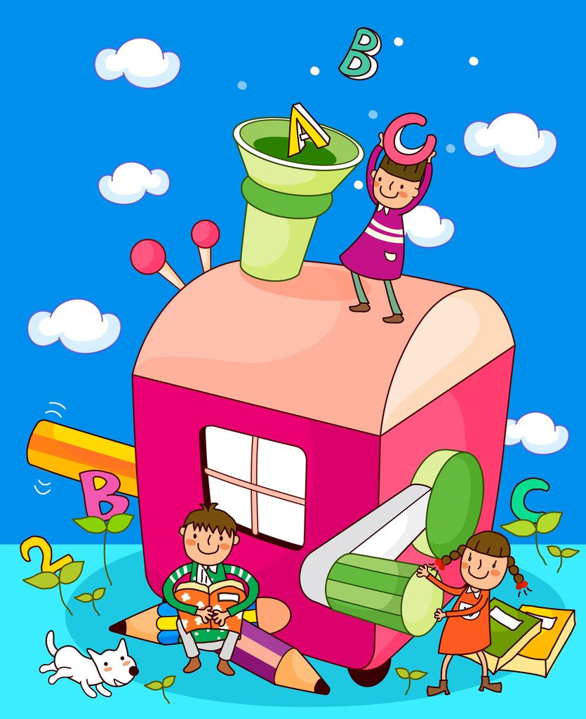 Detail of Girl pouring alphabets into a grinder with another girl rotating it by Anonymous