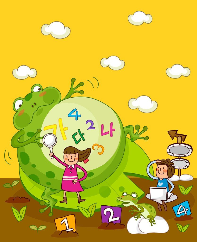 Detail of Girl holding a magnifying glass with another girl using a laptop near a giant frog by Anonymous