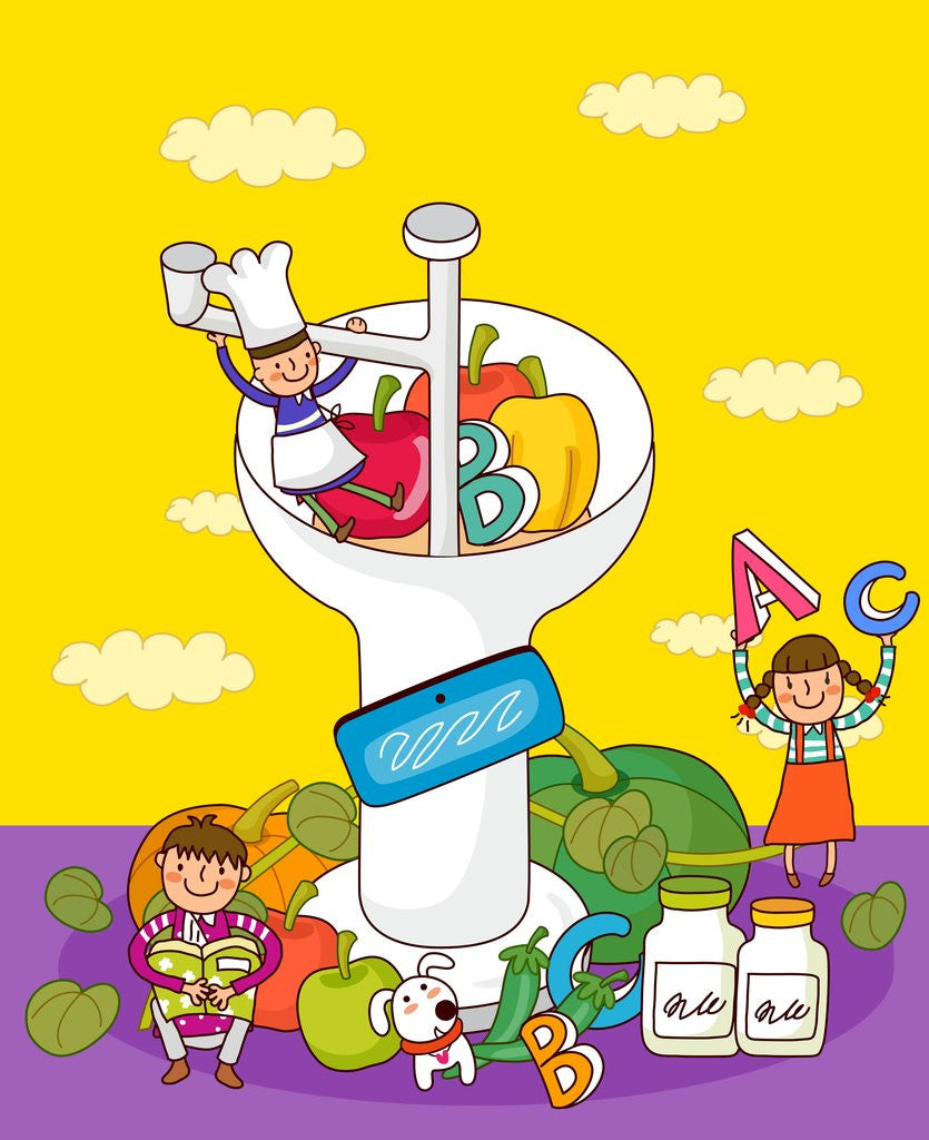 Detail of Chef and apples in a grinder with a boy and a girl beside it by Anonymous