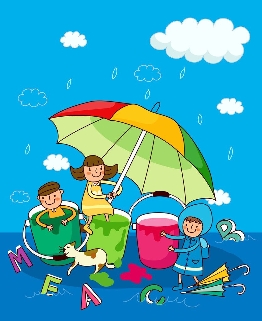 Detail of Two girls and a boy under an umbrella in the rain by Corbis