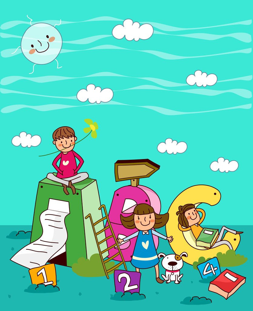 Detail of Three children with alphabets and numbers underwater by Anonymous