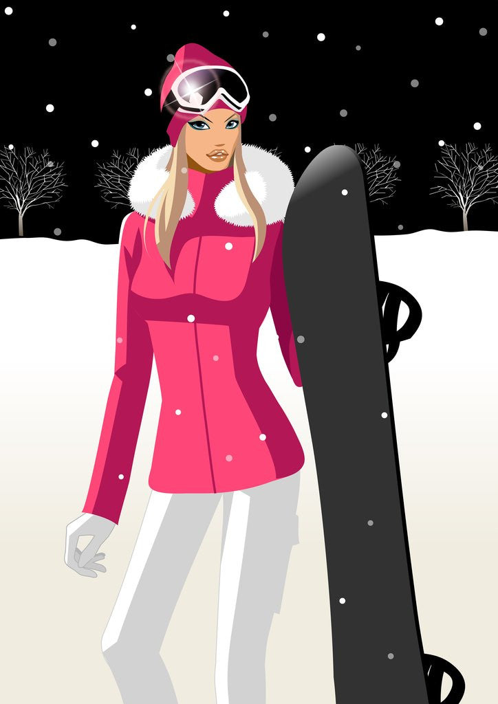 Woman holding a snowboard by Corbis