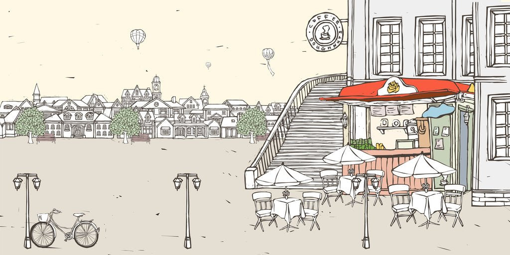 Detail of Roadside cafe with buildings in background and hot air balloon flying against sky by Anonymous