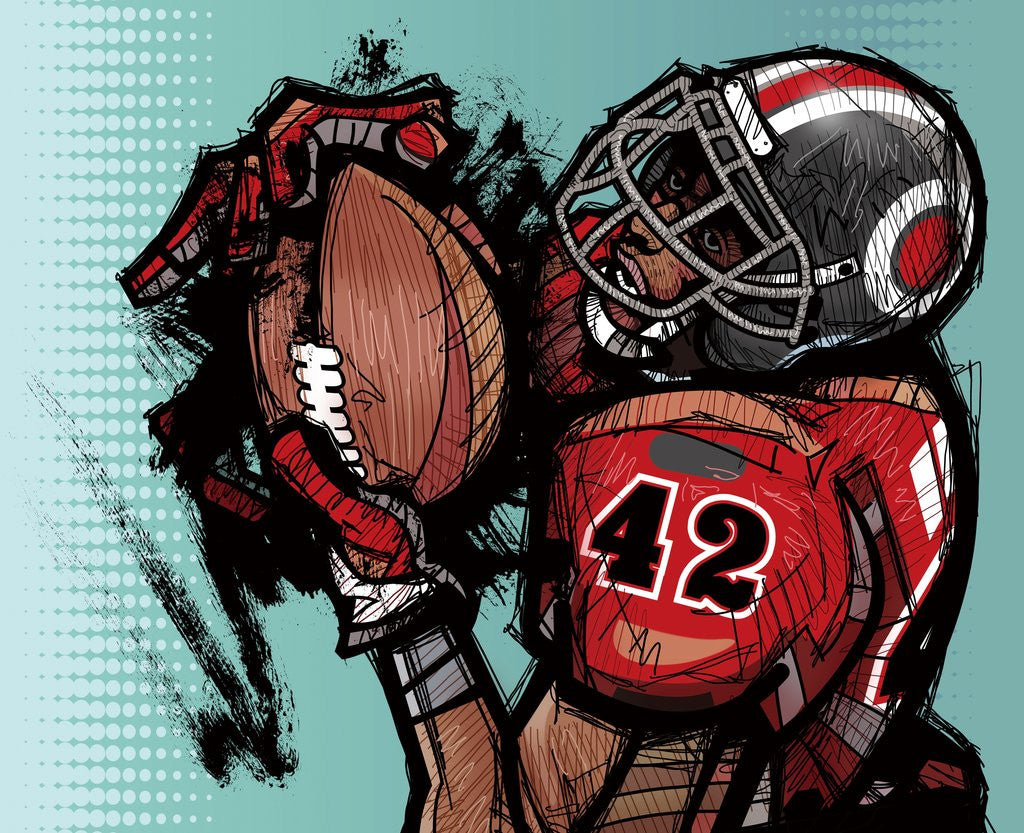 Detail of American football player holding football by Corbis