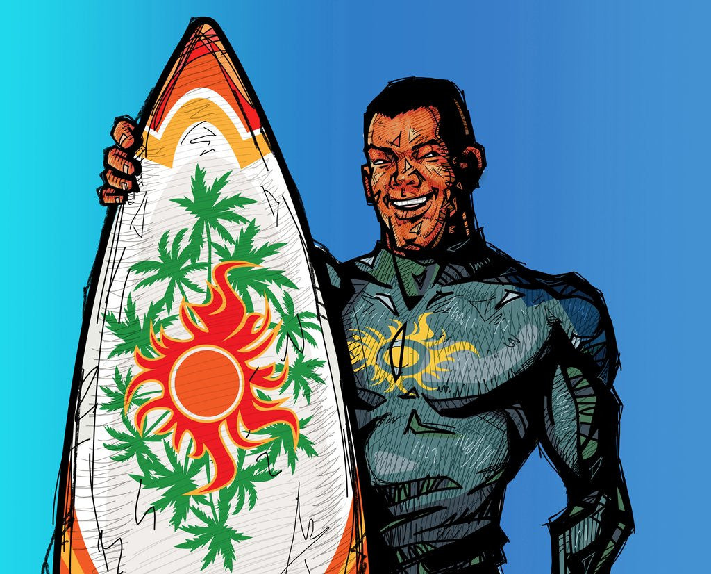 Detail of Man holding surfboard by Anonymous