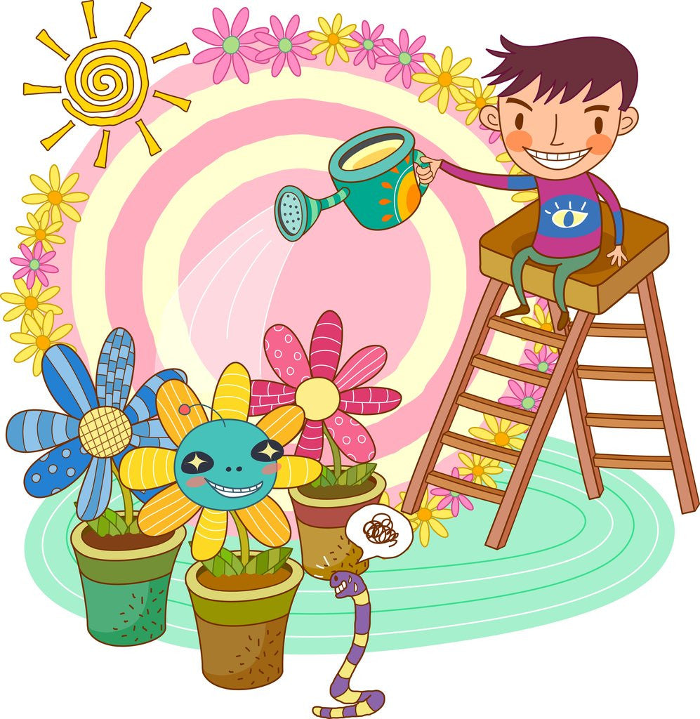 Detail of Boy sitting on ladder, watering potted plant by Anonymous