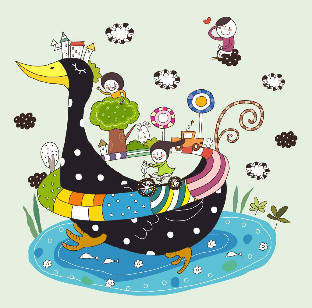 Detail of Side view of children enjoying, traveling on duck by Anonymous