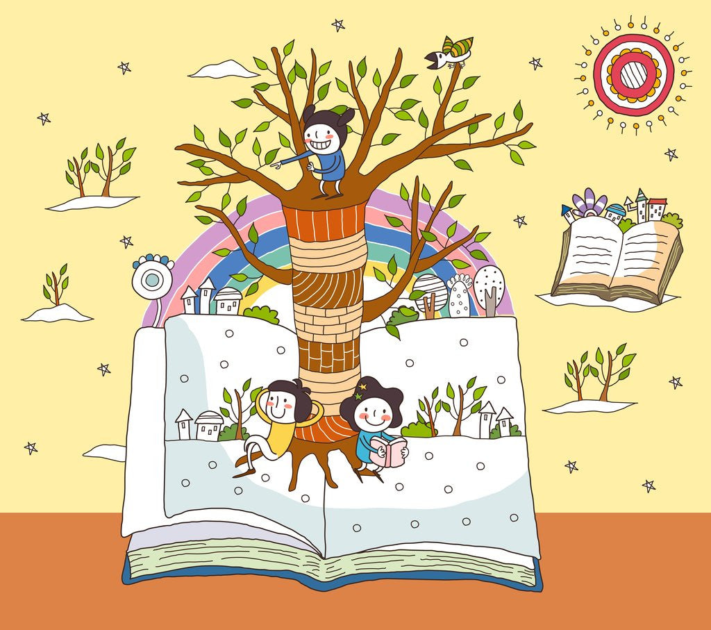 Detail of Children on open book by tree trunk by Corbis