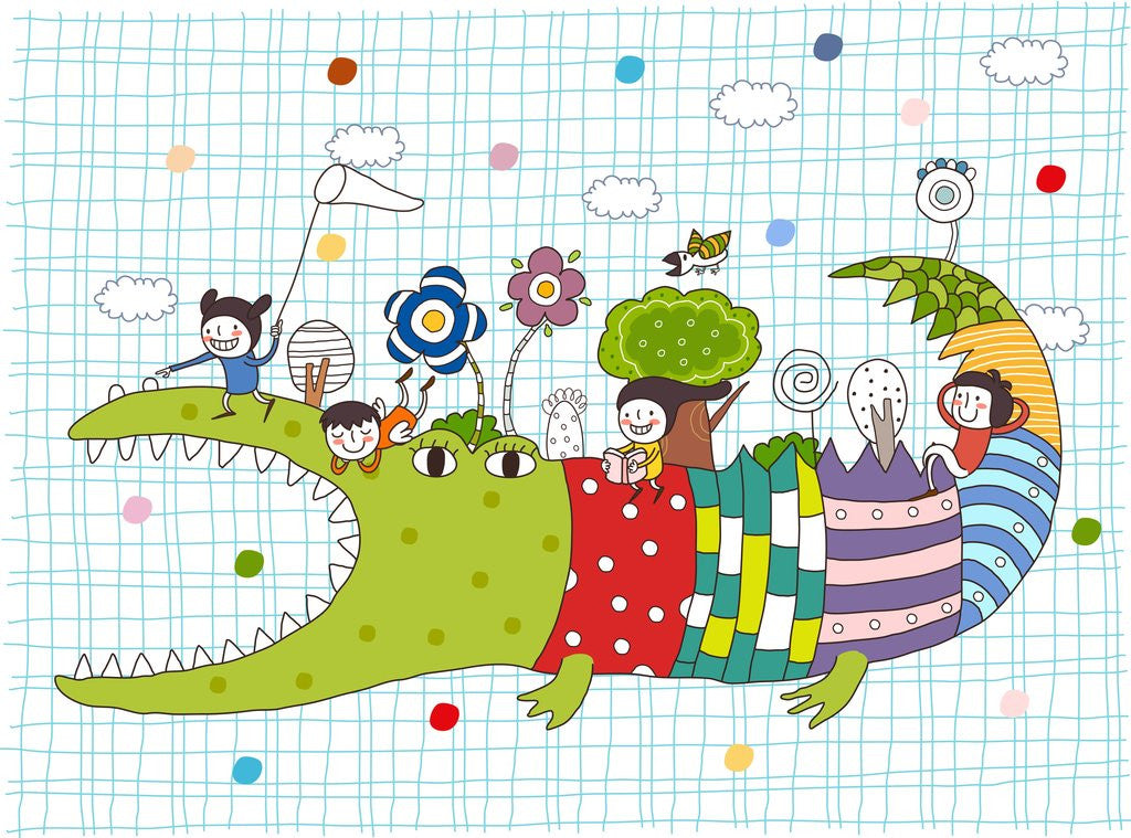 Detail of Side view of children on crocodile back by Anonymous