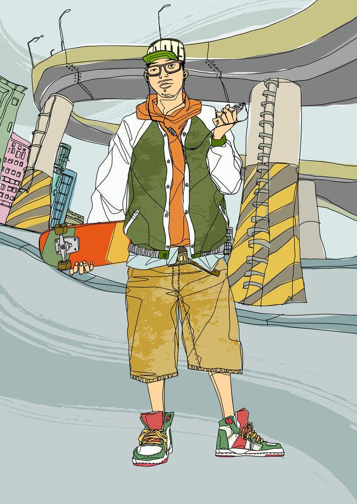 Detail of Young man holding skateboard, listening music by Anonymous