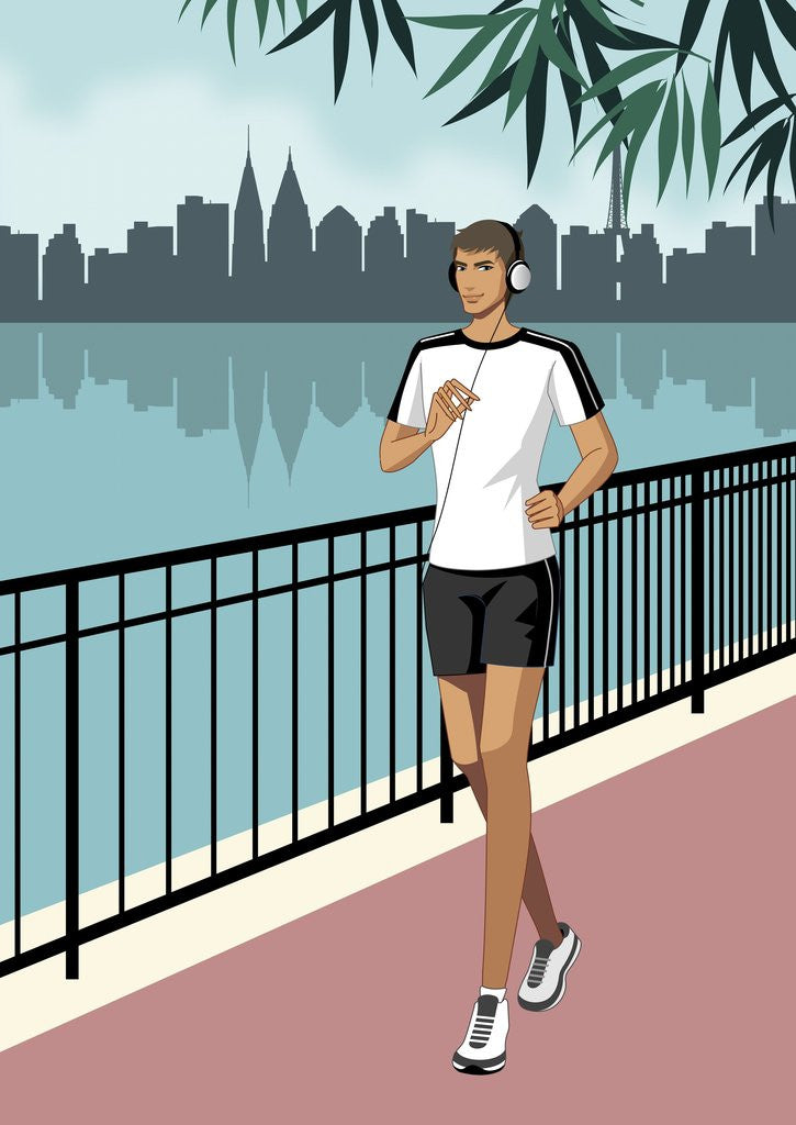 Detail of Portrait of man jogging, wearing headphones by Anonymous