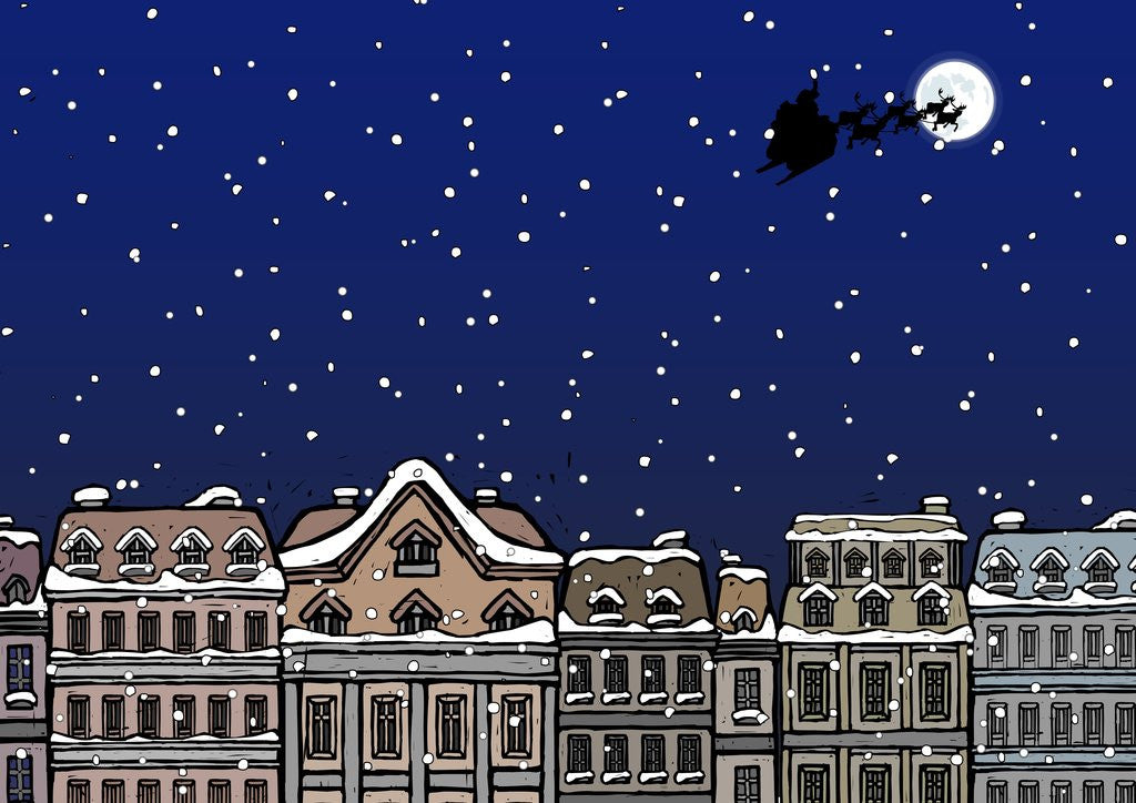 Detail of Silhouette of a Santa Claus on a sleigh flying over a city at night by Anonymous