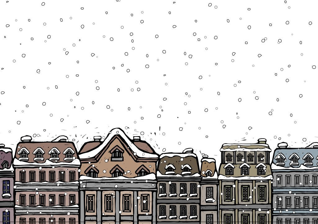 Snowfall over a city by Corbis