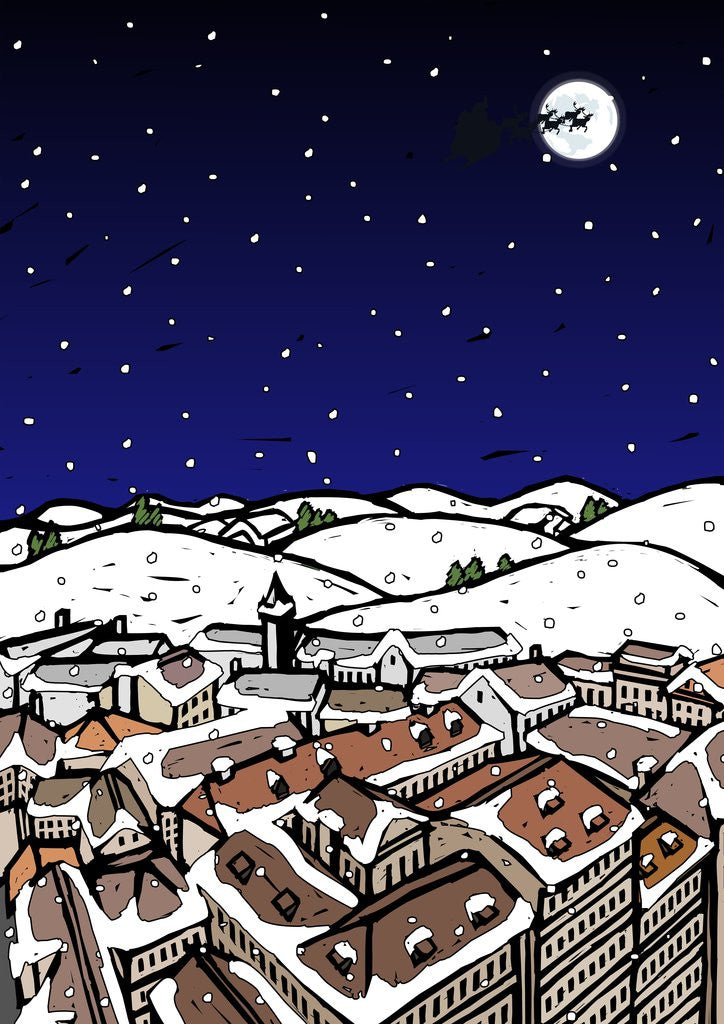 Detail of High angle view of snow covered houses in a town and silhouette of reindeers over moon in the sky at night by Anonymous