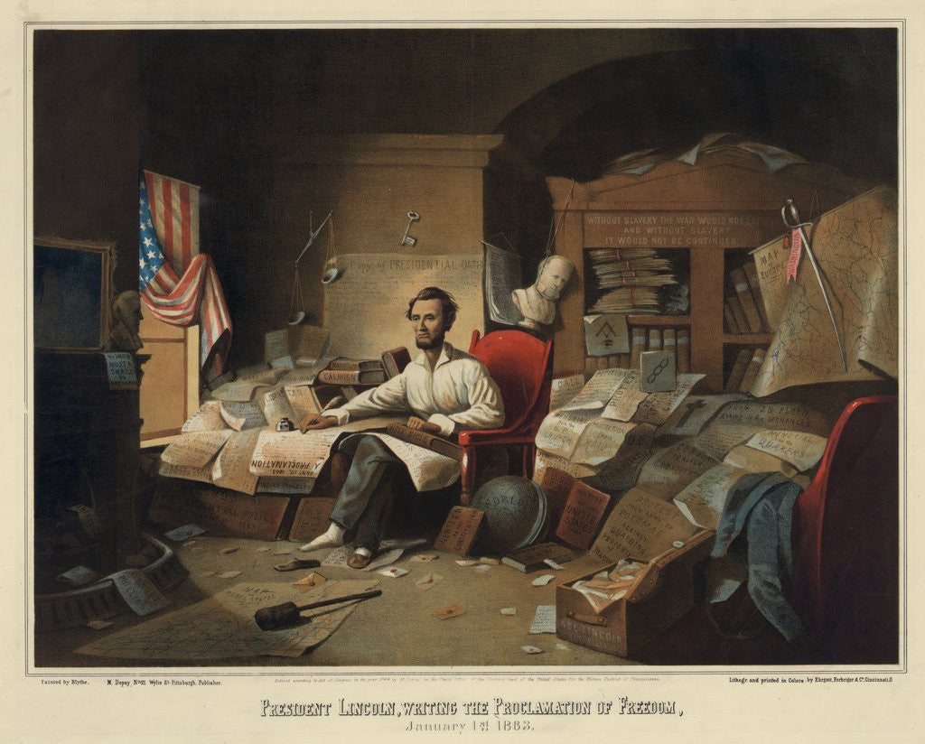 Detail of President Lincoln writing the Proclamation of Freedom by Corbis
