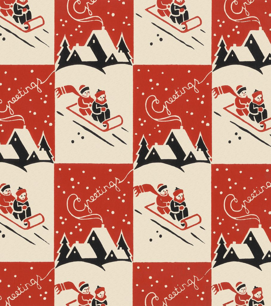 Detail of Greetings pattern with children sledding by Anonymous