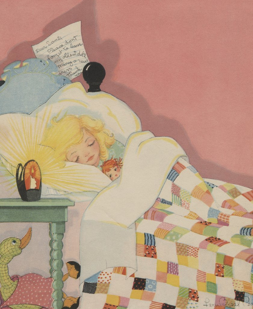Detail of Blond girl sleeping with note for Santa Claus by Corbis