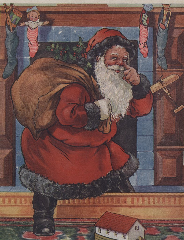 Detail of Santa Claus touching his nose on way up chimney by Anonymous