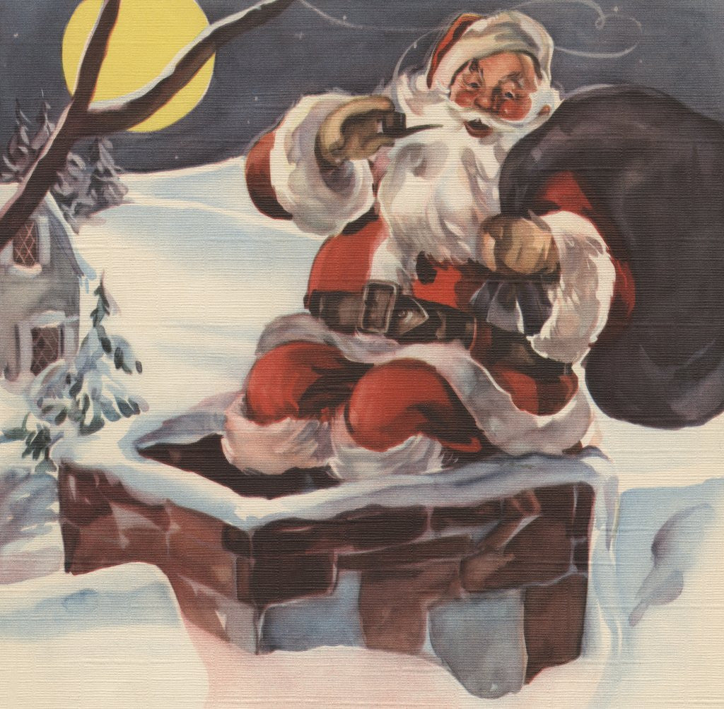 Detail of Santa Claus going down chimney with sack of toys by Corbis