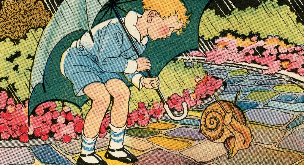 Detail of Boy looking at large snail in rain by Anonymous