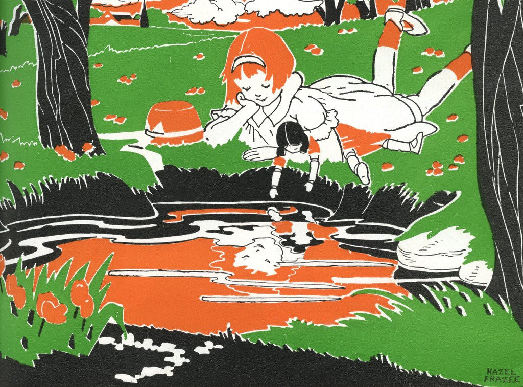 Detail of Girl with doll looking at reflection in water by Anonymous