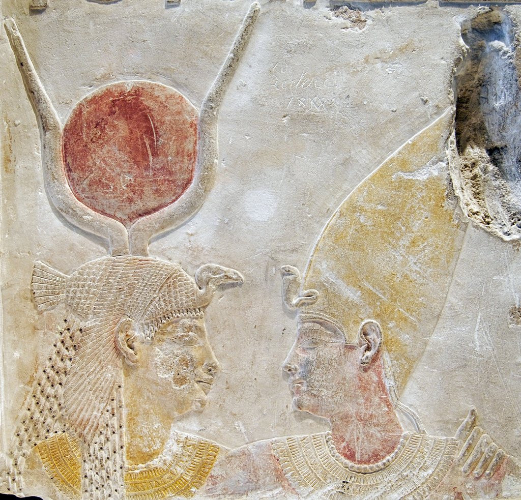 Detail of Painted limestone fragment of Isis greeting Nectanebo II by Corbis