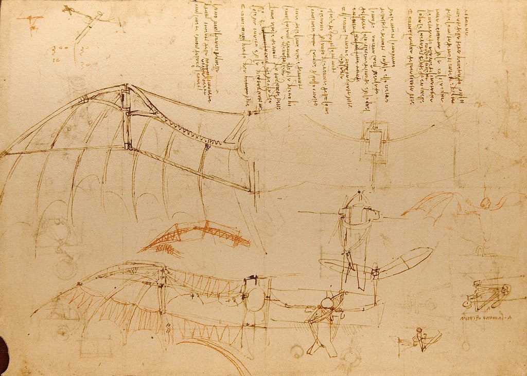 Detail of Drawing of flying machine with beating wings by Leonardo da Vinci