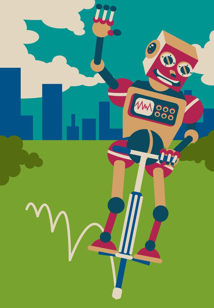 Detail of Robot hopping on a pogo stick by Anonymous