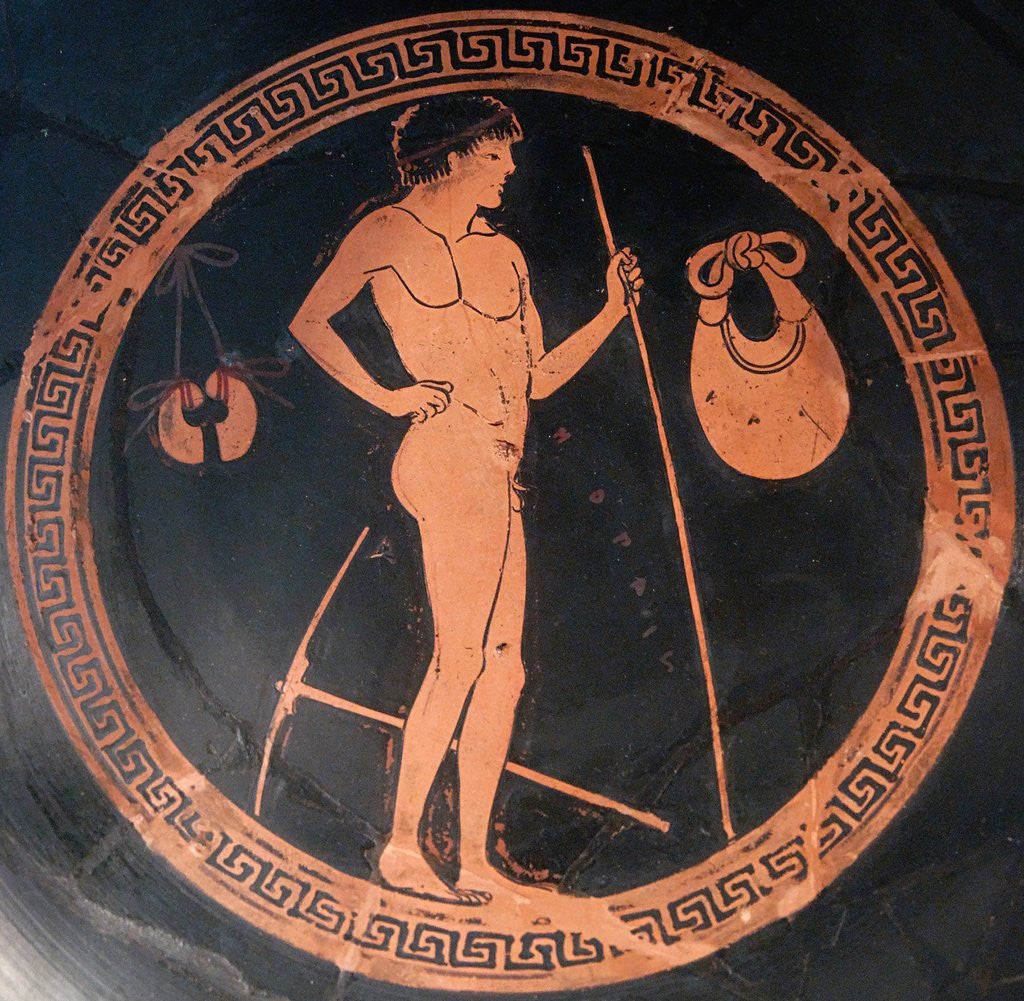 Detail of Attic red-figure cup with gymnasium scene by Euphronios and Onesimos