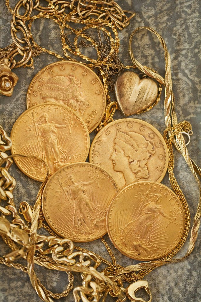 Detail of Liberty dollars and gold jewelry by Anonymous