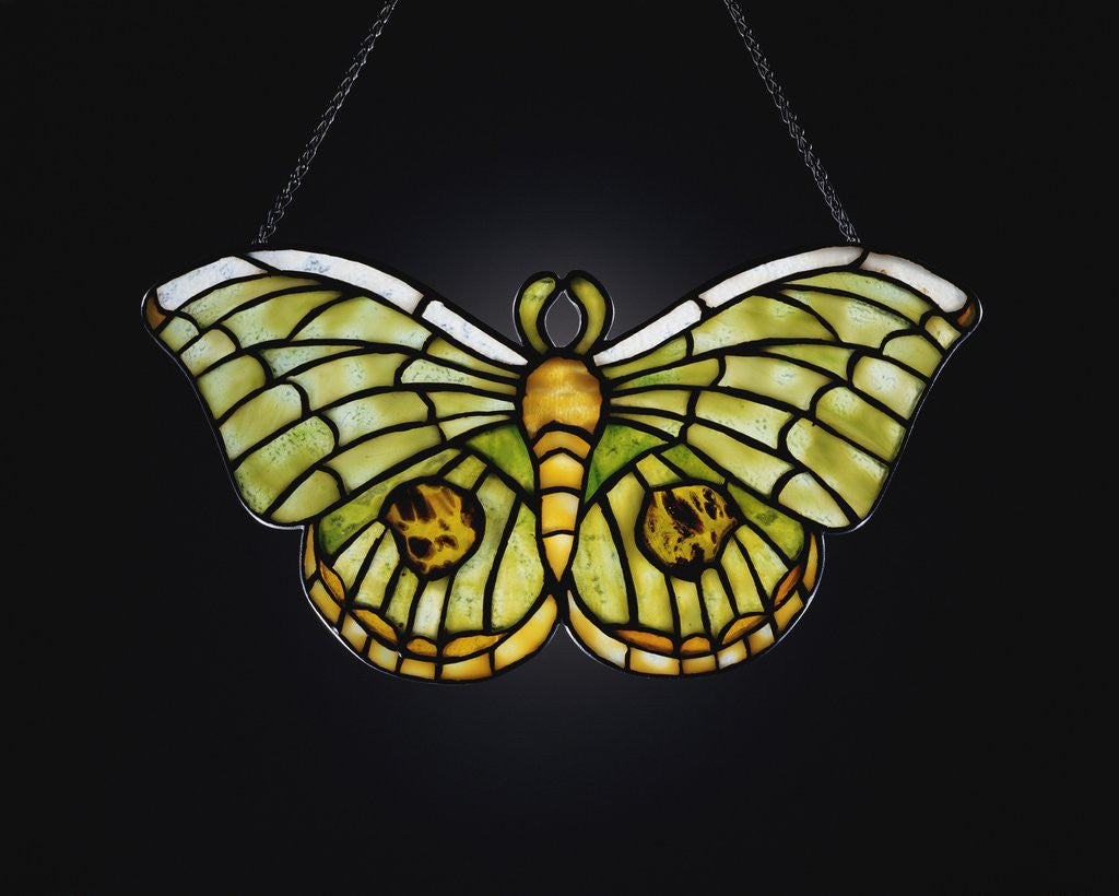 Detail of Tiffany Studios butterfly leaded glass lamp pendant with iridescent Favrile glass by Anonymous
