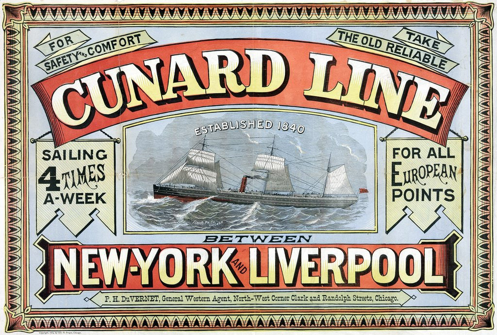 Detail of Cunard Line between New York and Liverpool poster by George H. Fergus